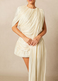Dapona Pleated Mini Dress with Ribbon Design Accent