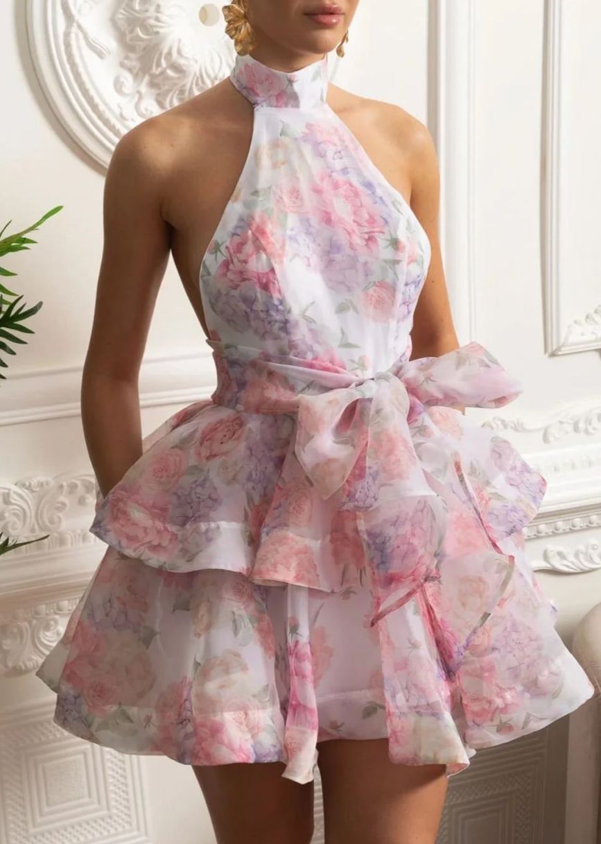Querelle Floral Halter Mini Dress with Layered Skirt Pink