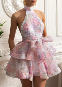 Querelle Floral Halter Mini Dress with Layered Skirt Pink