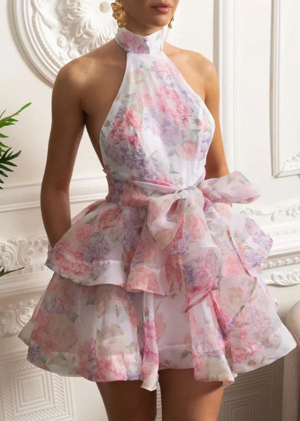 Querelle Floral Halter Mini Dress with Layered Skirt Pink