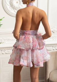 Querelle Floral Halter Mini Dress with Layered Skirt Pink