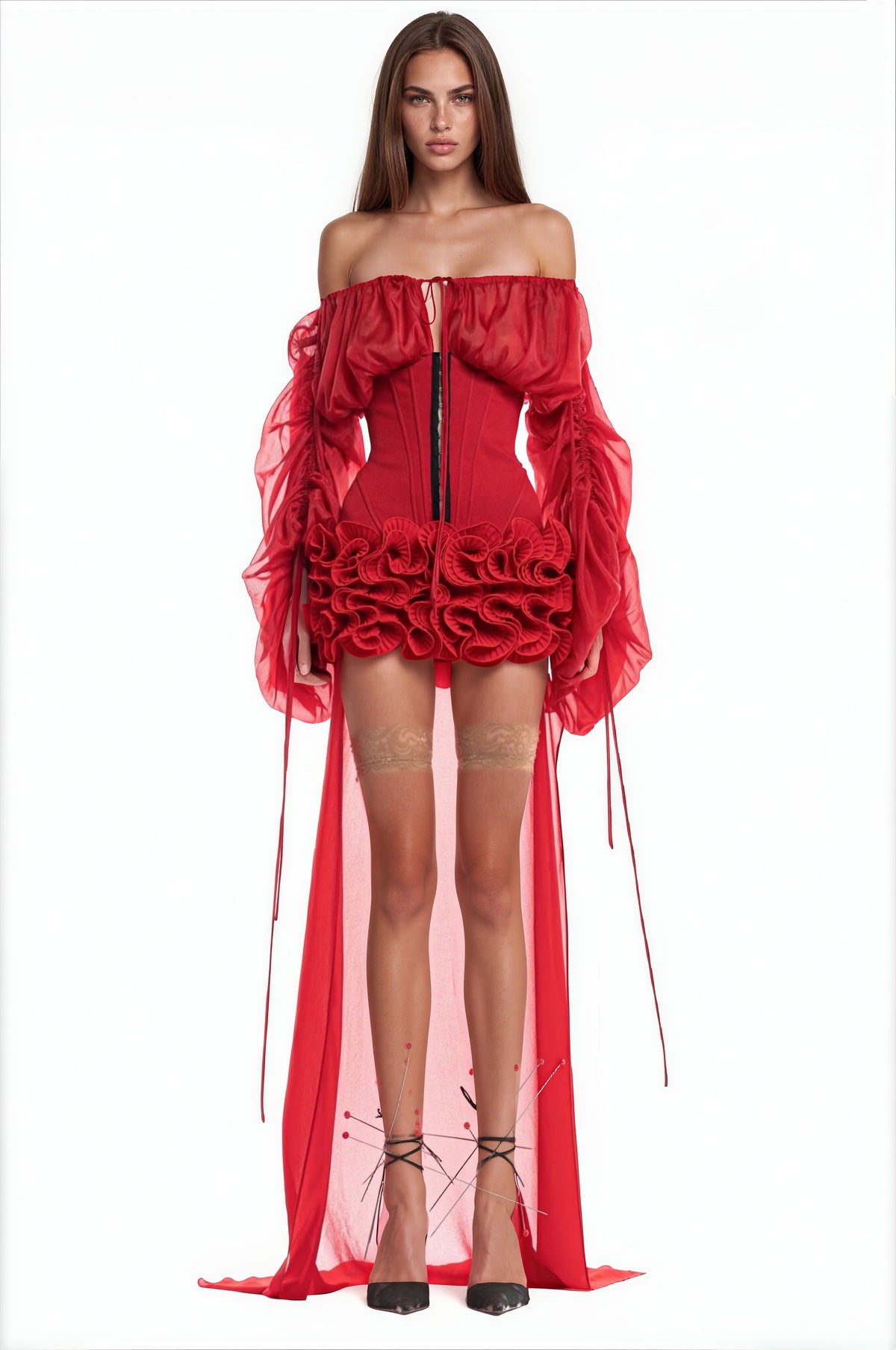 Raziya Off-Shoulder Corset Ruffle Mini Dress In Red
