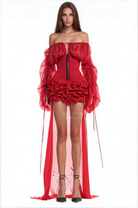 Raziya Off-Shoulder Corset Ruffle Mini Dress In Red