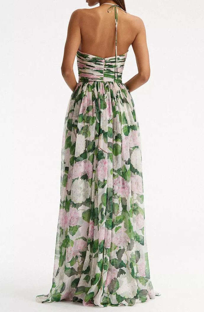 Oshato Floral Off-Shoulder Halter Neck Pleat Maxi Dress