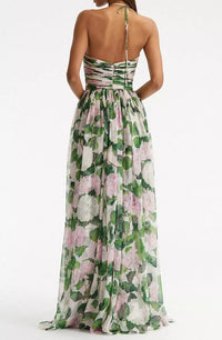 Oshato Floral Off-Shoulder Halter Neck Pleat Maxi Dress