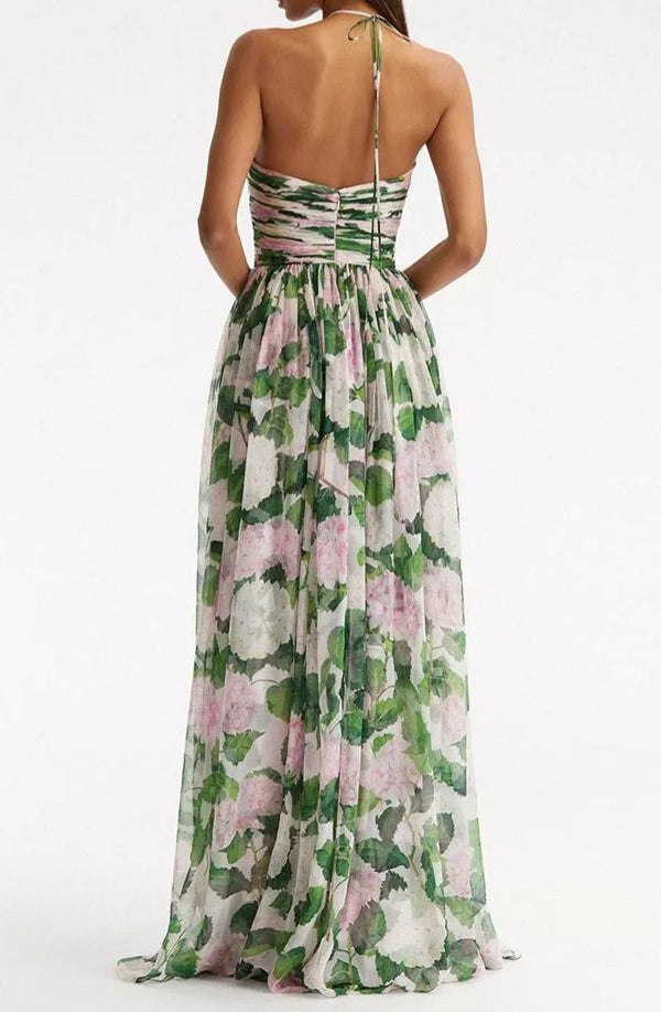 Oshato Floral Off-Shoulder Halter Neck Pleat Maxi Dress