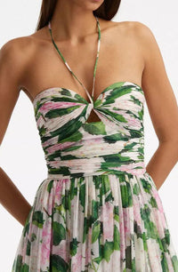 Oshato Floral Off-Shoulder Halter Neck Pleat Maxi Dress