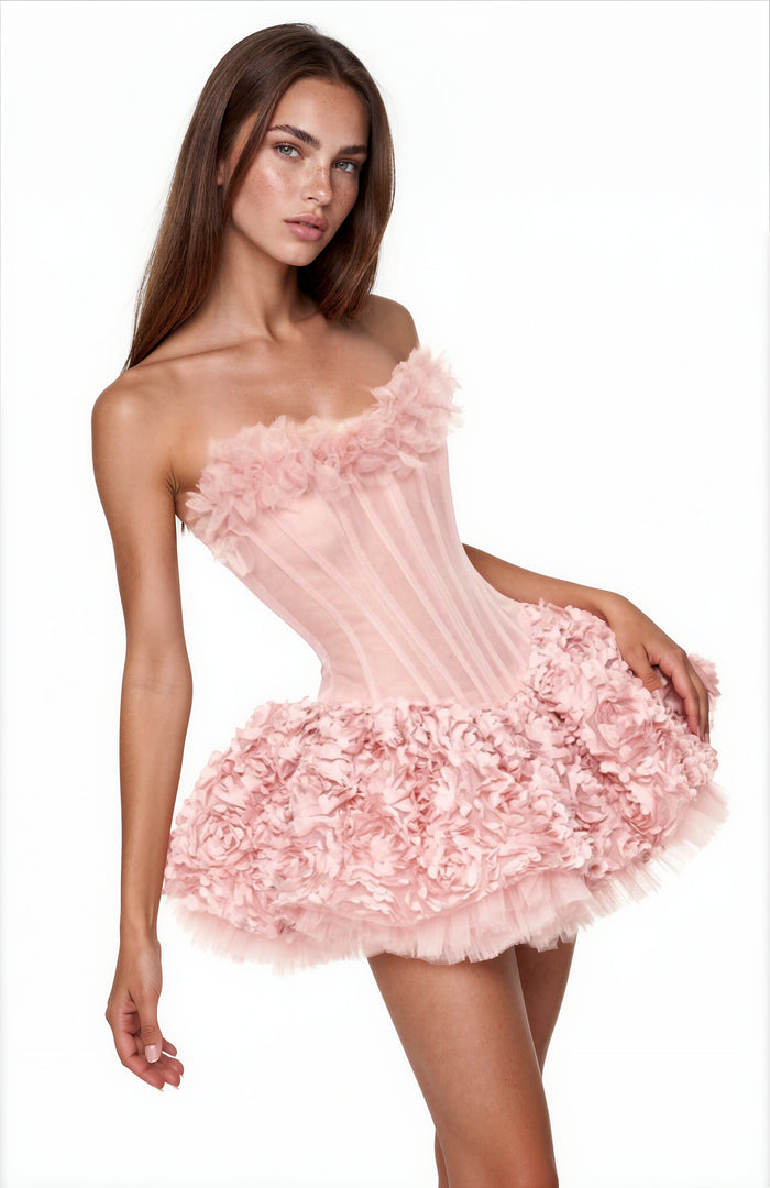 Fionnan Strapless Flower Mini Dress In Pink