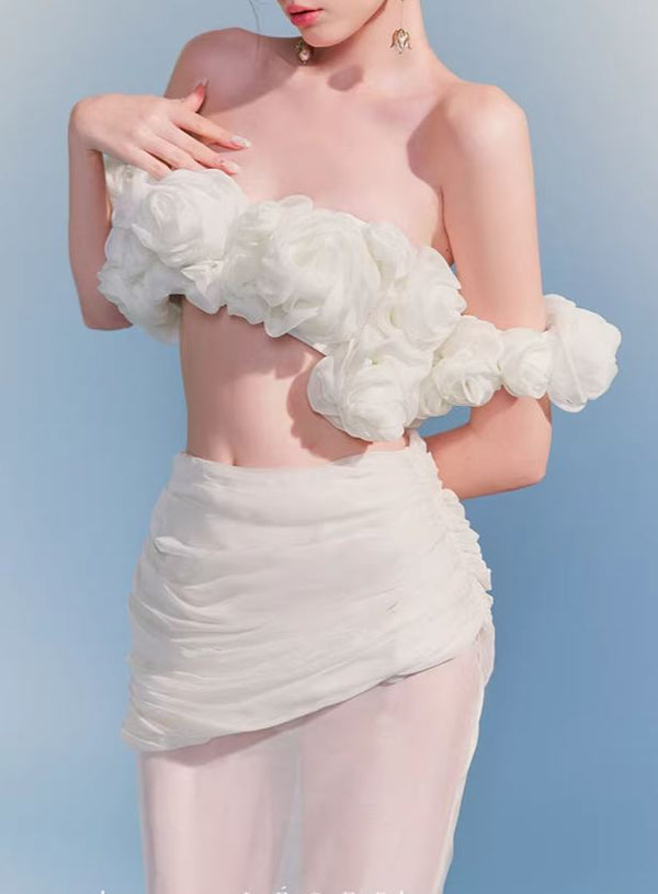 Wonvy Off Shoulder Flower Mesh Skirt Set