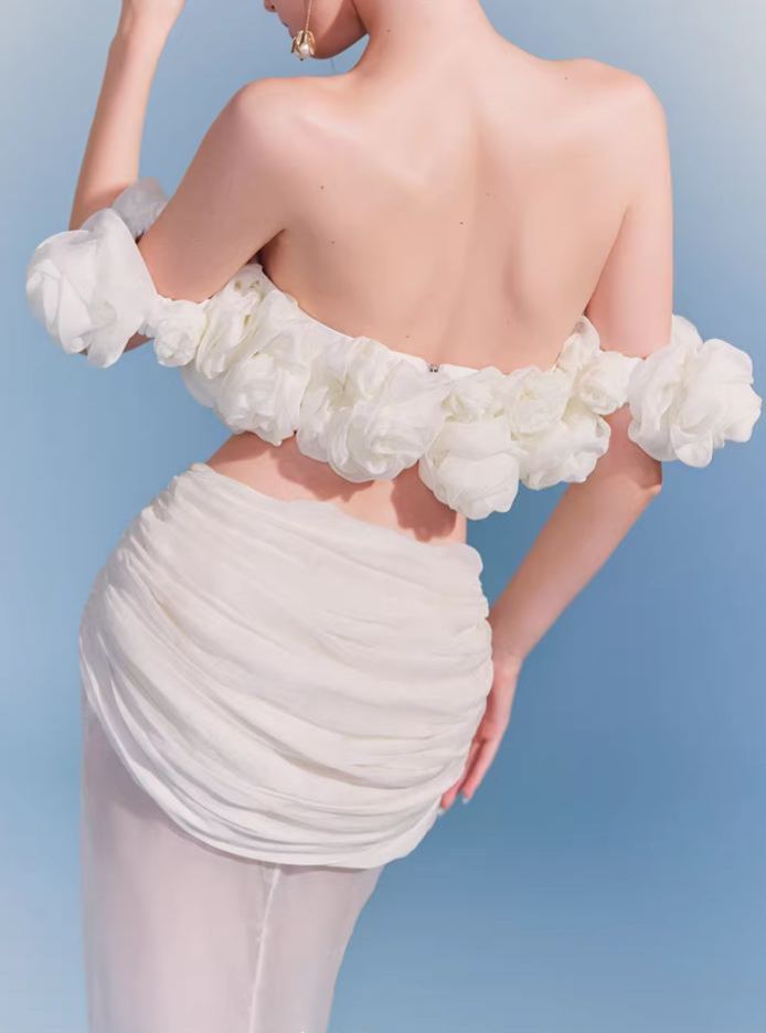 Wonvy Off-Shoulder Flower Mesh Skirt Set