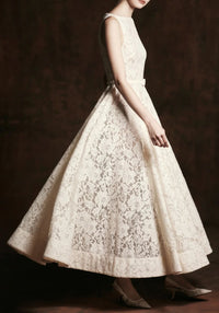 Junlet White Mock Neck Floral Lace Maxi Dress