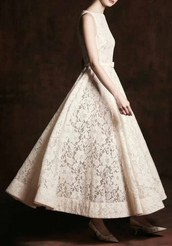 Junlet White Mock Neck Floral Lace Maxi Dress
