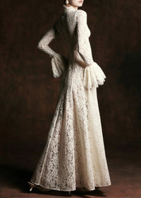 Junlet White Mock Neck Floral Lace Maxi Dress