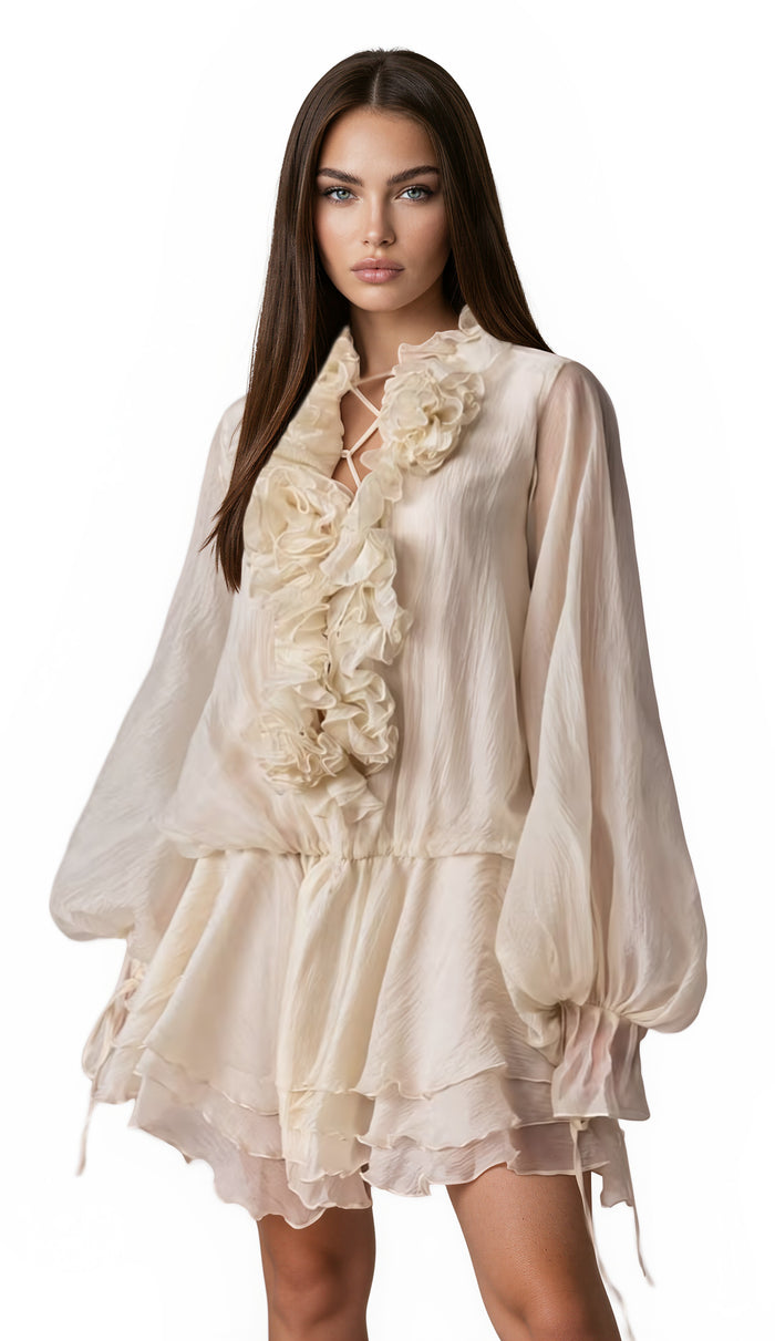 Misomo floral-appliqué tiered mini dress in Neutrals