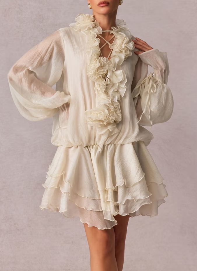 Misomo Floral-Appliqué Tiered Mini Dress in Neutrals