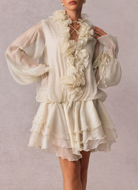 Misomo Floral-Appliqué Tiered Mini Dress in Neutrals