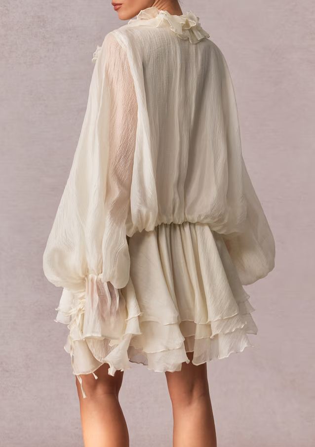 Misomo Floral-Appliqué Tiered Mini Dress in Neutrals