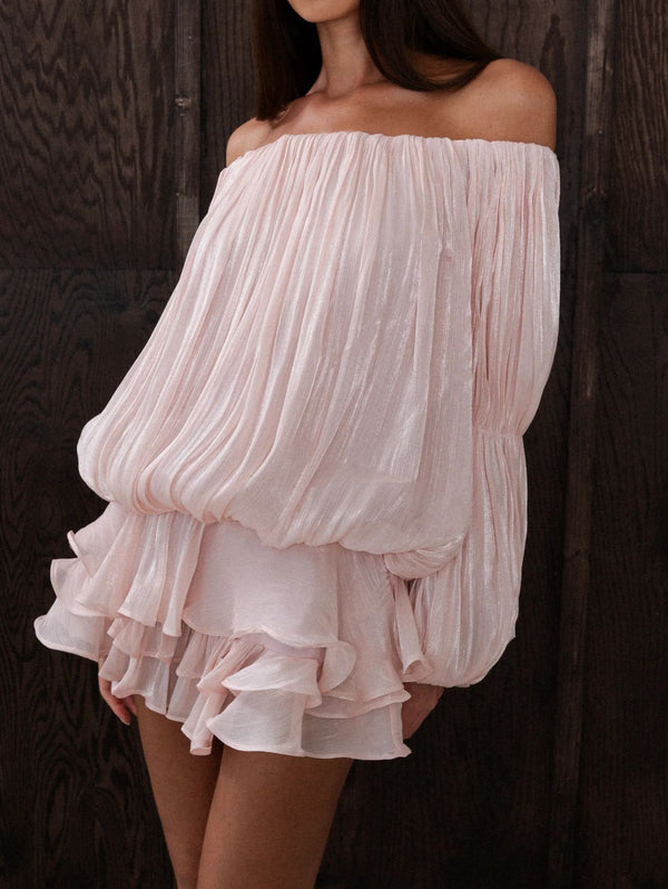 Feridun Pink Glossy Pleated Tiered Mini Dress