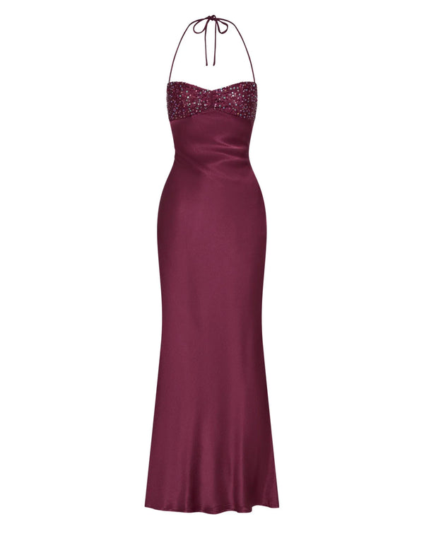 Dozen Halter Neck Sequin Satin Maxi Dress In Purple
