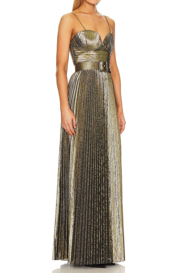 Cabdullaahi Spaghetti Pleated Metallic Maxi Dress