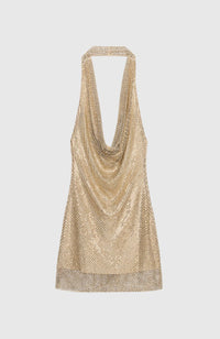 Dylanso Cowl Neck Rhinestone Mesh Mini Dress