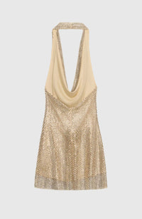 Dylanso Cowl Neck Rhinestone Mesh Mini Dress