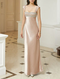 Fallon Sleeveless Rhinestone Satin Maxi Dress