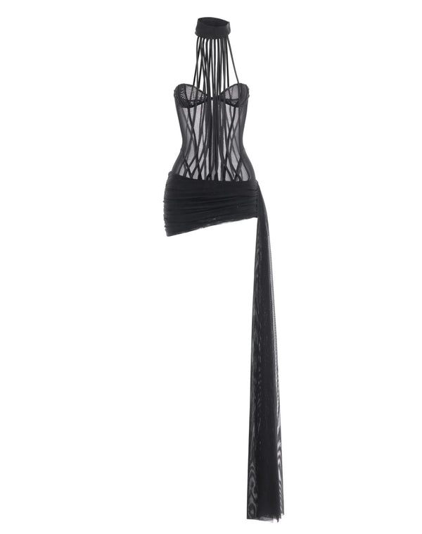 Dzenita Halter Neck Corset Mesh Mini Dress