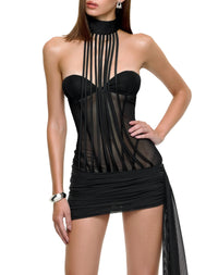 Dzenita Halter Neck Corset Mesh Mini Dress