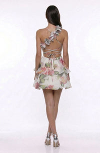 Fatsani Flower Asymmetric Ruffle Mini Dress In White