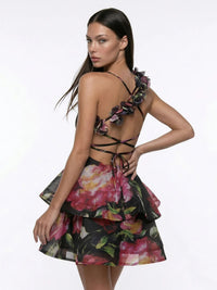 Fancoy Flower Asymmetric Ruffle Mini Dress In Black