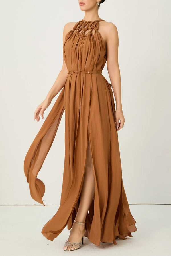 Ninomo Style Unlocked Brown Knotted Draped Maxi Dress