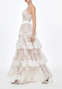 Irènie White Halterneck Lace Maxi Dress