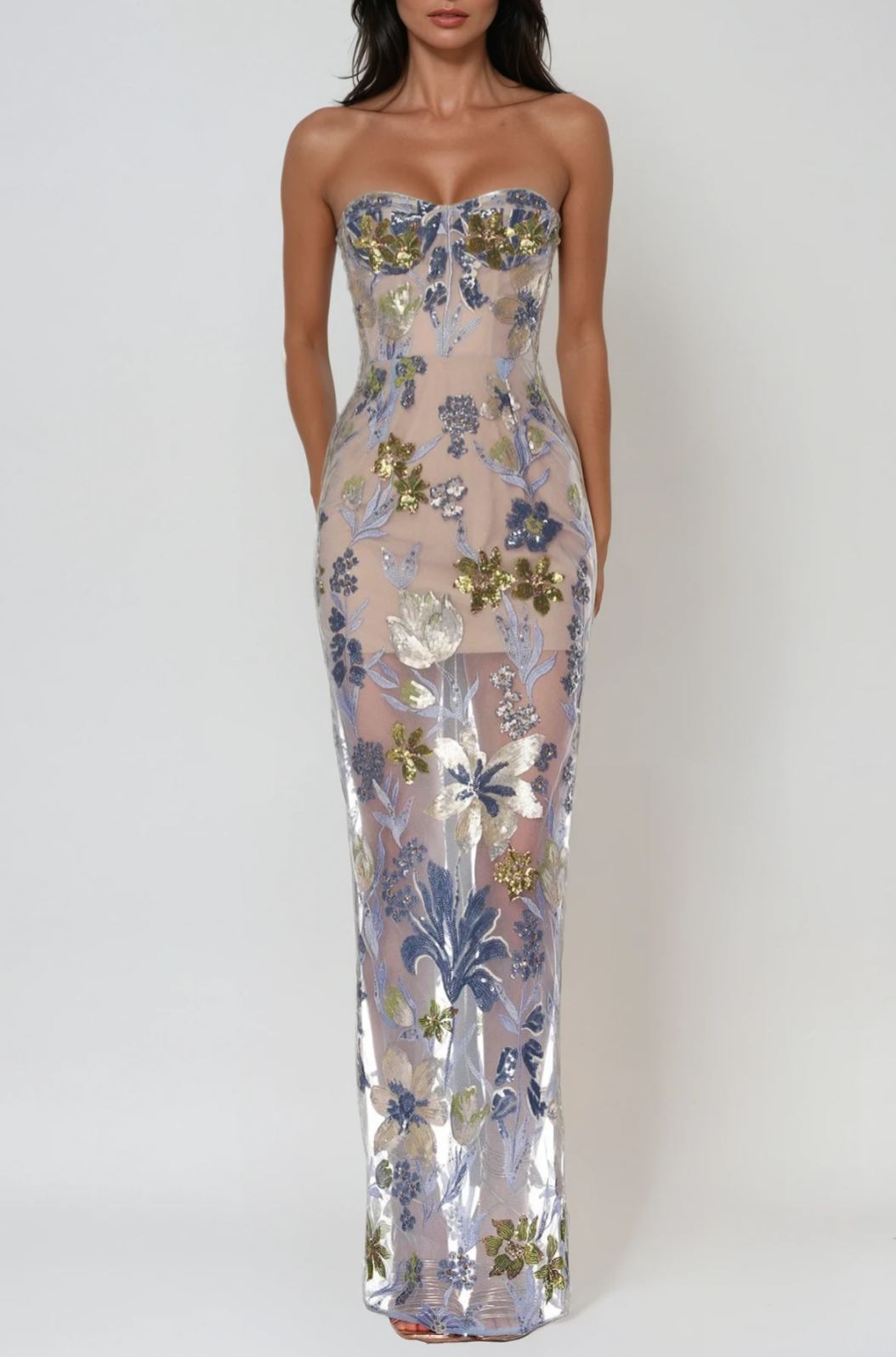 Denisio Strapless Sequin Floral Maxi Dress