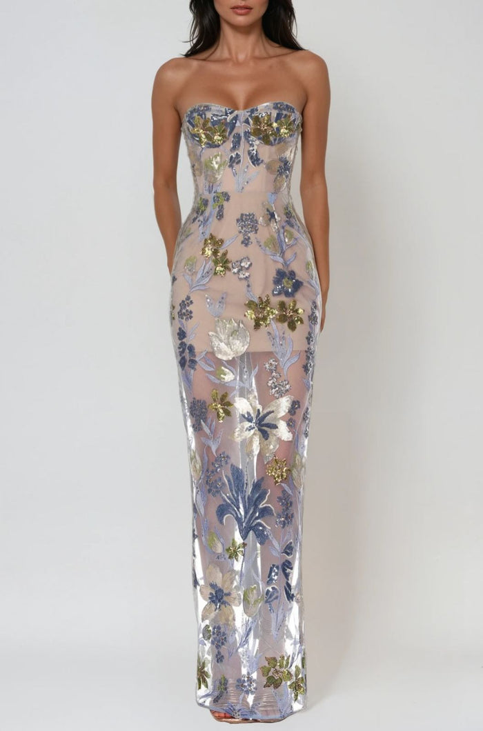 Denisio Strapless Sequin Floral Maxi Dress