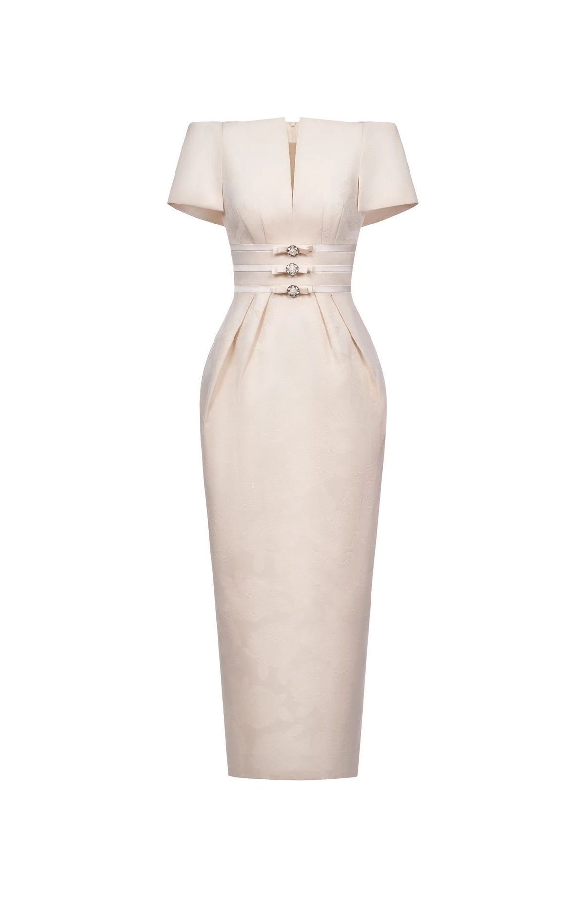 Ballmopo Neutral Floral Jacquard Bowknot Midi Dress