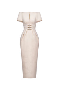 Ballmopo Neutral Floral Jacquard Bowknot Midi Dress