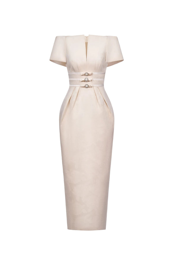 Ballmopo Neutral Floral Jacquard Bowknot Midi Dress