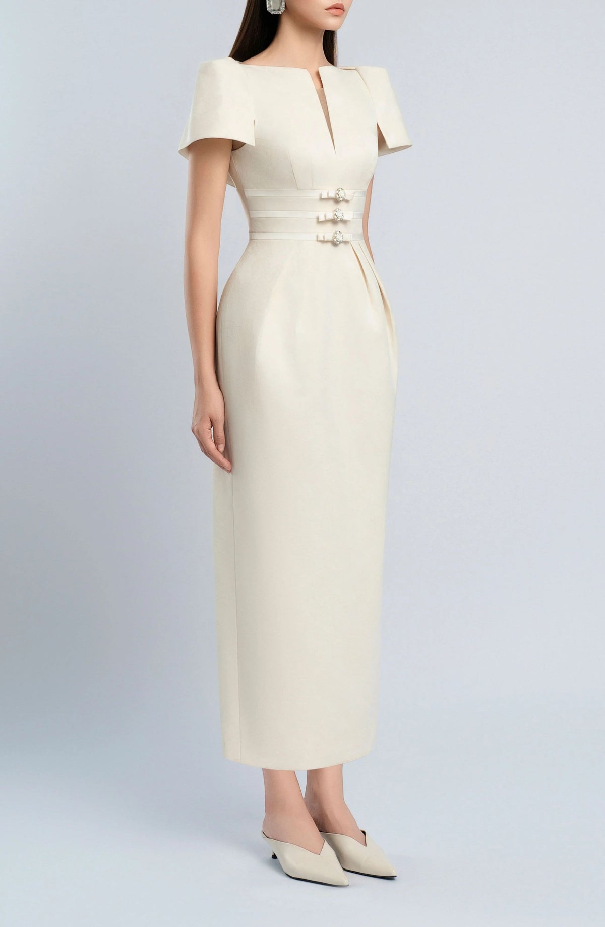 Ballmopo Neutral Floral Jacquard Bowknot Midi Dress