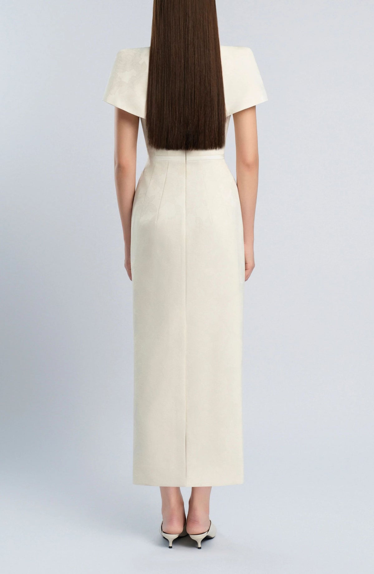 Ballmopo Neutral Floral Jacquard Bowknot Midi Dress
