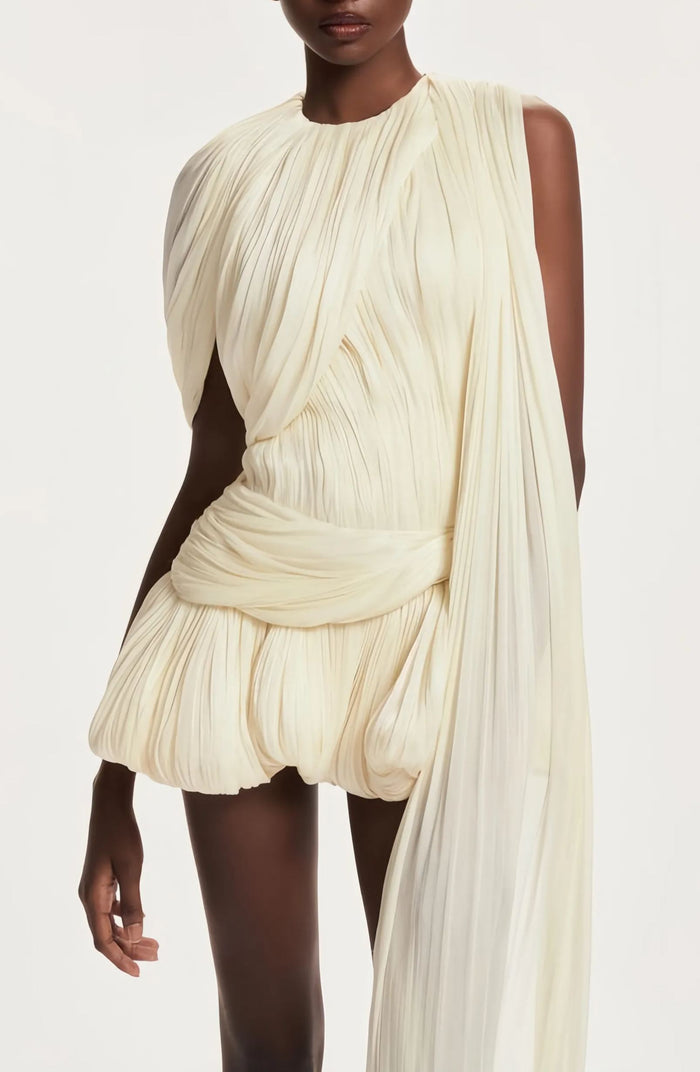 Cydronio Pleated Mini Dress with Ribbon Design Accent