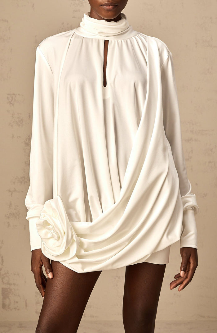 Feodor faux-flower ruched mini dress in White