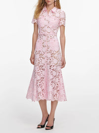 Aprowos Pink Floral Appliqué Lace Midi Dress
