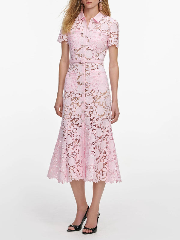 Aprowos Pink Floral Appliqué Lace Midi Dress