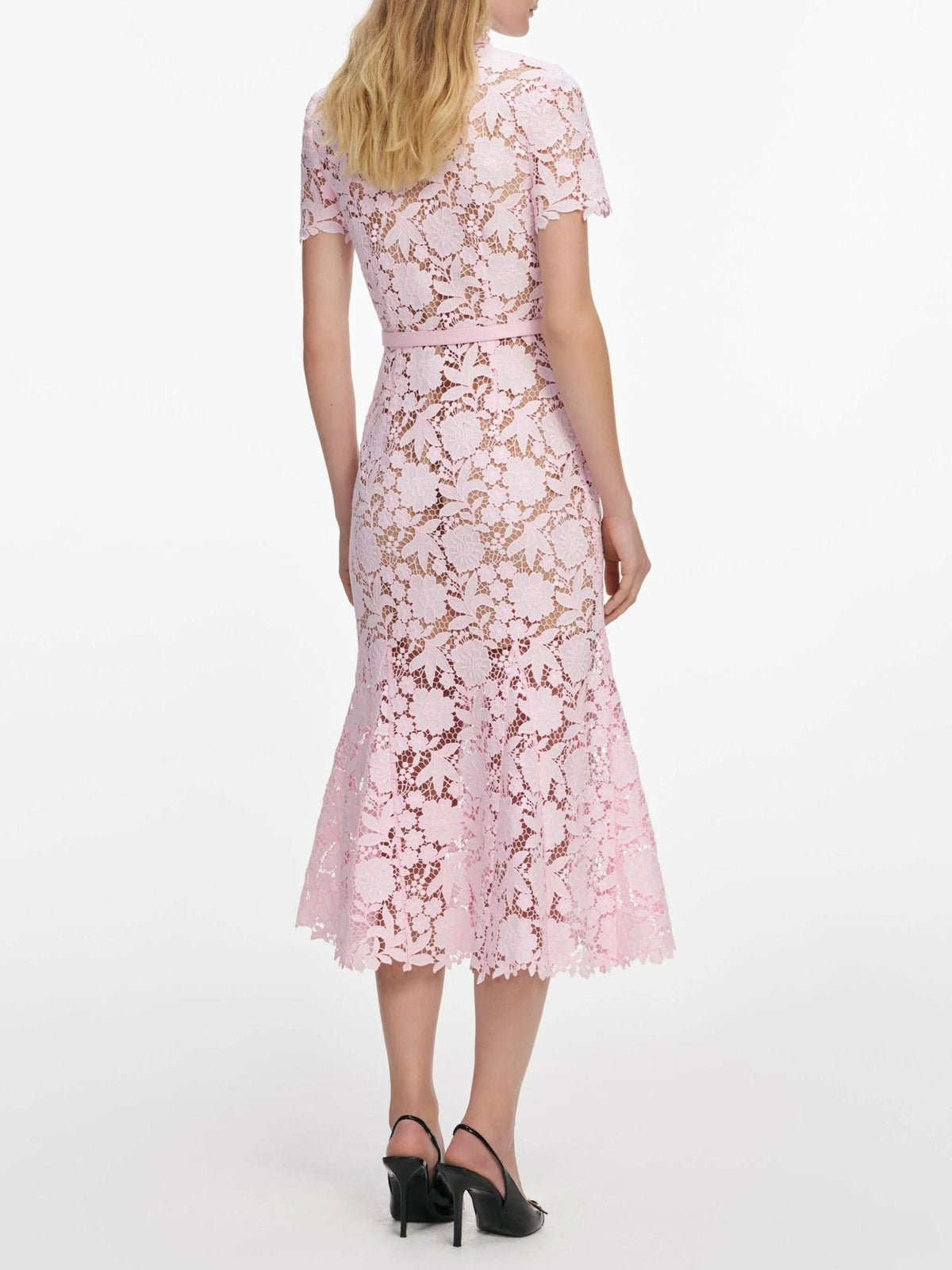 Aprowos Pink Floral Appliqué Lace Midi Dress