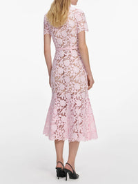 Aprowos Pink Floral Appliqué Lace Midi Dress