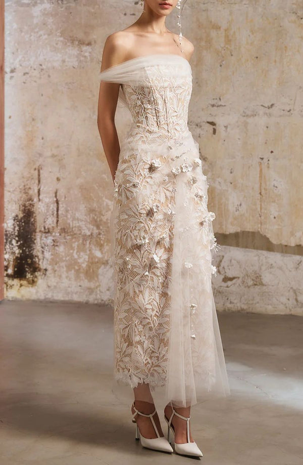 Kimmi Neutral Tulle Panel Lace Maxi Dress