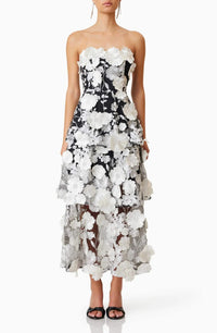 Samentyeu Tai 3D Floral Strapless Tiered Midi Dress