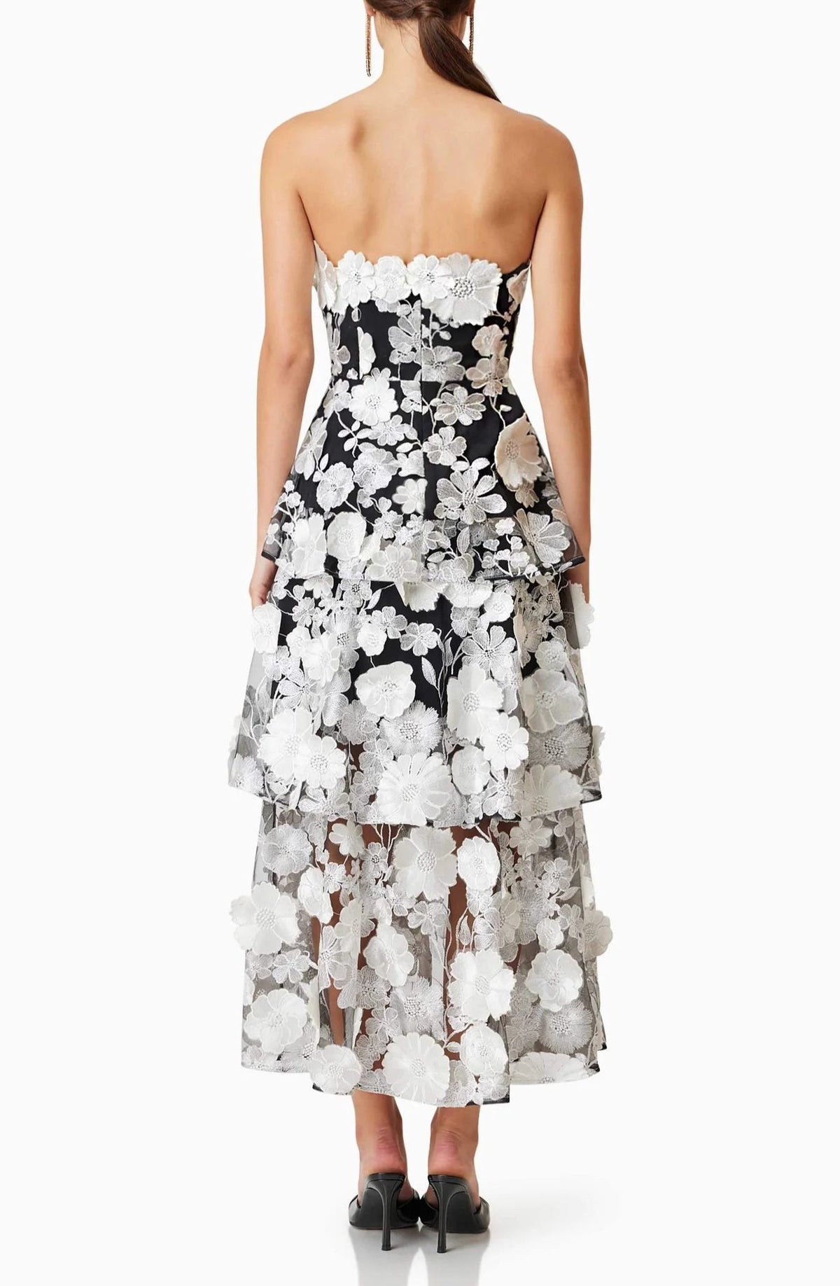 Samentyeu Tai 3D Floral Strapless Tiered Midi Dress