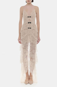 Evangeline Cream Layered Floral Lace Maxi Dress with Bow